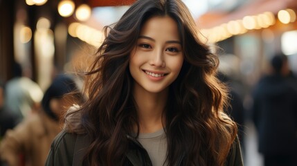 Obraz premium Attractive Young Smiling Asian Woman Outdoors , Background Images , Hd Wallpapers, Background Image