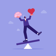 Businessman balancing between brain and heart on scale, emotions vs mind, choosing between Feelings and Mind, Career or Hobby, Love or Work