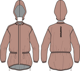 Lightweight Anorak detachable Hoodie jacket design flat sketch illustration, popover jacket with front and back view, windcheater winter jacket for girl and women. for hiking and workout in winter.