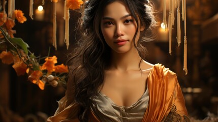 Fototapeta premium Beautiful Thai Woman Wearing Thai Dress Happy Smile , Background Images , Hd Wallpapers, Background Image