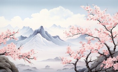 Imagine pink cherry blossoms,pink sakura,beautiful cherry blossoms mountain background. Cherry blossoms are beautiful and pleasing to the eye. you feel relaxed like you're in nature. Generative ai