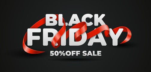 Black friday sale banner with realistic 3d red ribbon