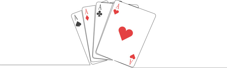 Single continuous line drawing set of four aces playing cards suits. Four of a kind aces poker hand. Set of heart, clubs, diamonds and spades. Modern one line art style design. Vector illustration.