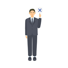バツの書かれたプラカードを持つ男性会社員。フラットなベクターイラスト。 A male office worker holding a placard with a cross on it. Flat designed vector illustration.	