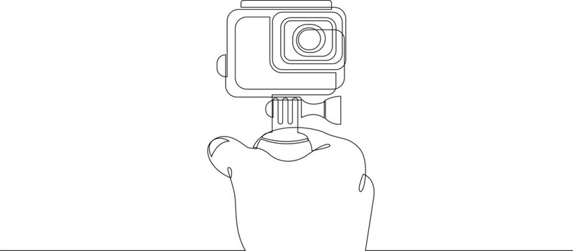 Continuous one line drawing of hand holding action camera for a selfie. Single line extreme video camera in waterproof case for a photo and video filming. Vector illustration.
