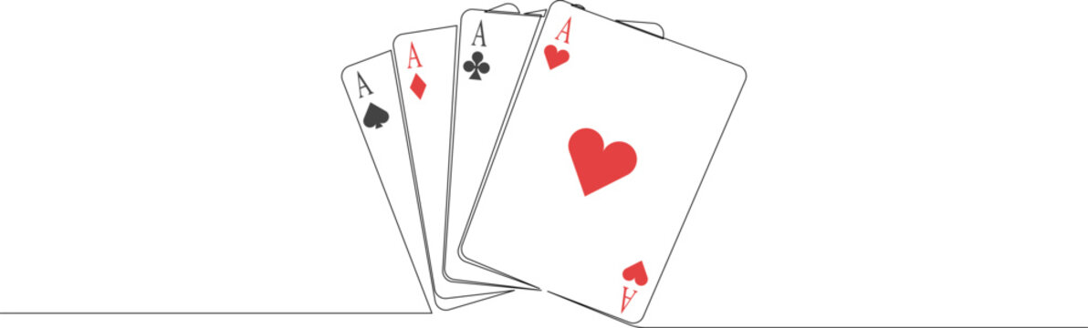 recommend clip art: Single continuous line drawing set of four aces playing cards suits. Four of a kind aces poker hand. Set of heart, clubs, diamonds and spades. Modern one line art style design. Vector illustration.
