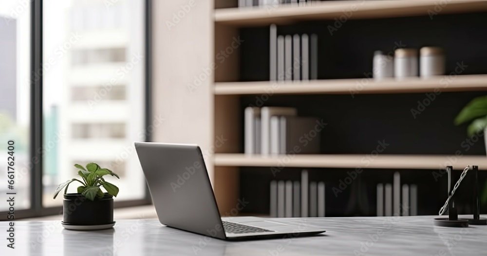 Poster elevate workspace. modern home office with laptops and coffee on table. tech and creativity. sleek s