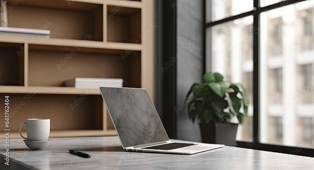 Poster elevate workspace. modern home office with laptops and coffee on table. tech and creativity. sleek s
