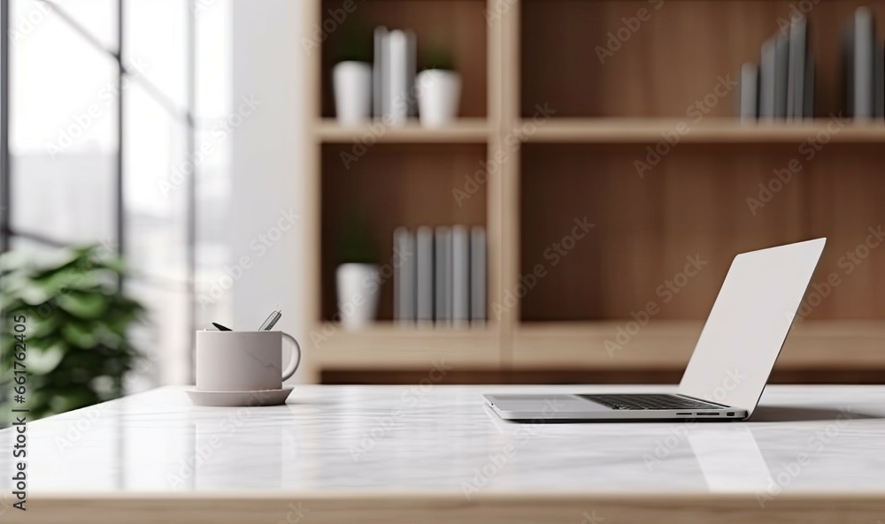 Poster elevate workspace. modern home office with laptops and coffee on table. tech and creativity. sleek s