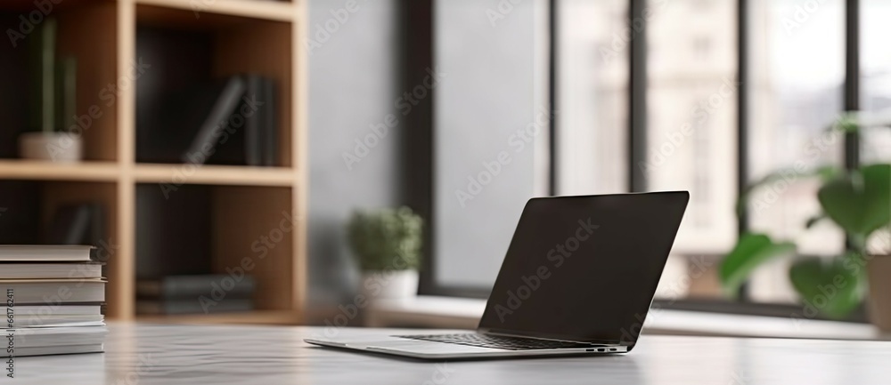 Poster elevate workspace. modern home office with laptops and coffee on table. tech and creativity. sleek s