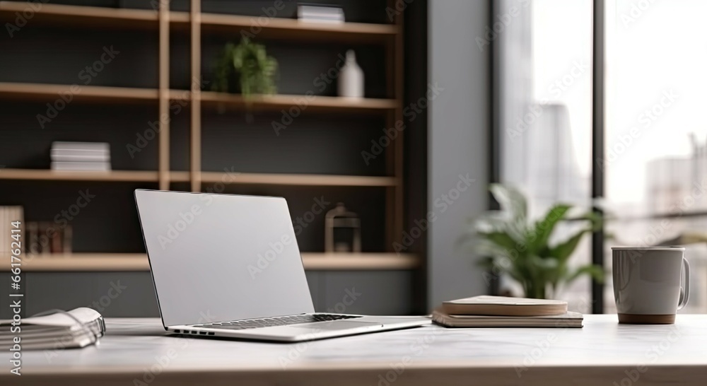 Poster elevate workspace. modern home office with laptops and coffee on table. tech and creativity. sleek s