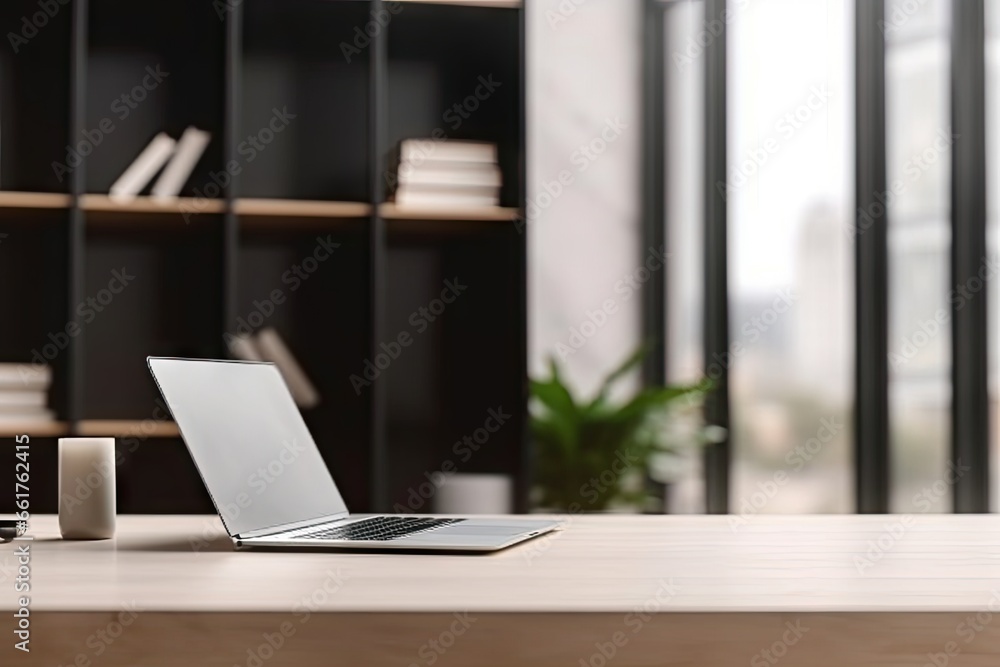 Poster elevate workspace. modern home office with laptops and coffee on table. tech and creativity. sleek s