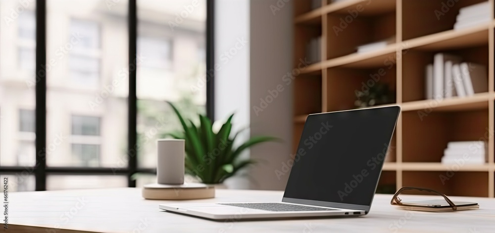 Poster elevate workspace. modern home office with laptops and coffee on table. tech and creativity. sleek s