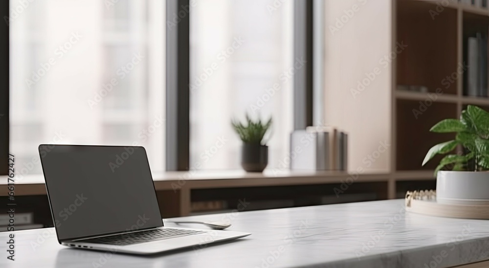 Poster elevate workspace. modern home office with laptops and coffee on table. tech and creativity. sleek s