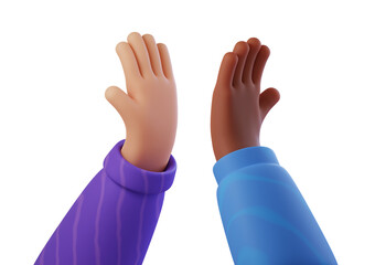 Teamwork high five as team together hands air greeting power tag team. Diversity people multiethnic unity togetherness. Collaboration Business Team success concept. 3D render illustration © Nadezhda