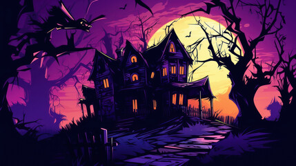 Fototapeta na wymiar Illustration of a haunted house in shades of purple. Halloween, fear, horror