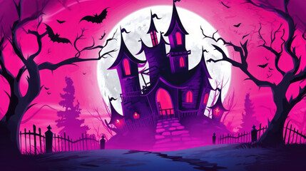 Illustration of a haunted house in shades of fuchsia. Halloween, fear, horror