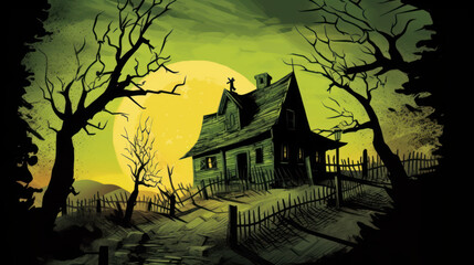 Illustration of a haunted house in shades of chartreuse. Halloween, fear, horror