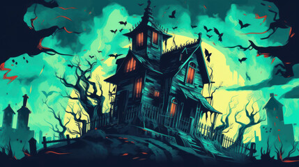 Illustration of a haunted house in shades of turquoise. Halloween, fear, horror