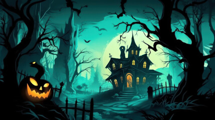 Fototapeta na wymiar Illustration of a haunted house in shades of aqua. Halloween, fear, horror