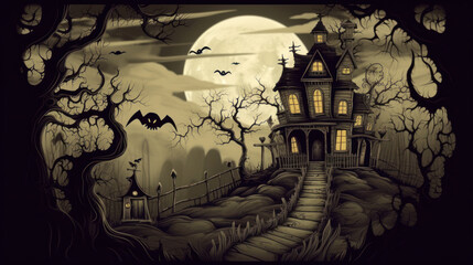Illustration of a haunted house in shades of dark white. Halloween, fear, horror