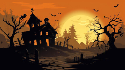 Illustration of a haunted house in shades of dark brown. Halloween, fear, horror