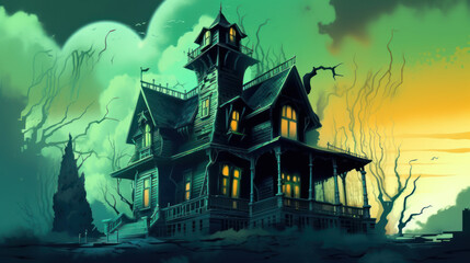Fototapeta na wymiar Illustration of a haunted house in shades of dark green. Halloween, fear, horror