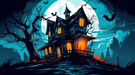 Fototapeta na wymiar Illustration of a haunted house in shades of dark cyan. Halloween, fear, horror