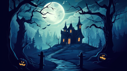 Illustration of a haunted house in shades of dark blue. Halloween, fear, horror