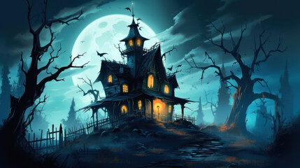 Fototapeta na wymiar Illustration of a haunted house in shades of light black. Halloween, fear, horror
