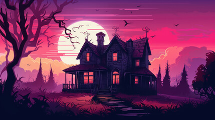 Fototapeta na wymiar Illustration of a haunted house in shades of light maroon. Halloween, fear, horror