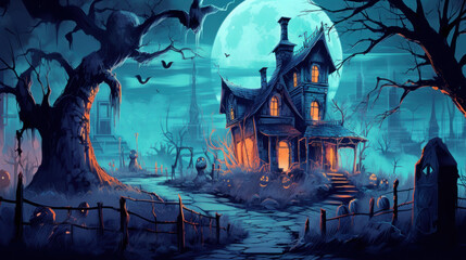 Illustration of a haunted house in shades of light blue. Halloween, fear, horror