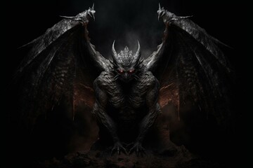 Dark supernatural entity with menacing wings and devilish horns. Generative AI - obrazy, fototapety, plakaty