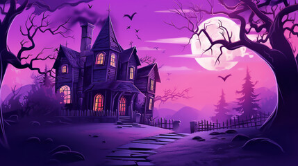 Fototapeta premium Illustration of a haunted house in shades of light purple. Halloween, fear, horror
