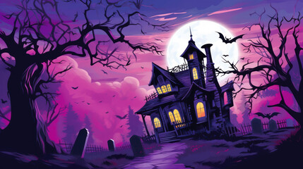 Fototapeta na wymiar Illustration of a haunted house in shades of light purple. Halloween, fear, horror