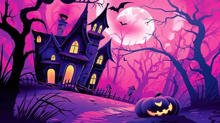 Foto op Aluminium Illustration of a haunted house in shades of light magenta. Halloween, fear, horror © darkredmon