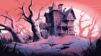 Illustration of a haunted house in shades of light pink. Halloween, fear, horror