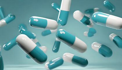 An assortment of antibiotic pill capsules cascading down. 3D medical illustration in the context of healthcare