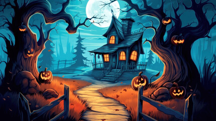 Illustration of a haunted house in shades of vivid blue. Halloween, fear, horror