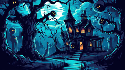 Illustration of a haunted house in shades of vivid blue. Halloween, fear, horror