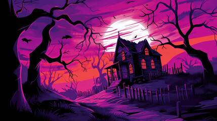 Fototapeta na wymiar Illustration of a haunted house in shades of vivid purple. Halloween, fear, horror