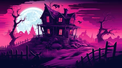 Schilderijen op glas Illustration of a haunted house in shades of vivid purple. Halloween, fear, horror © darkredmon