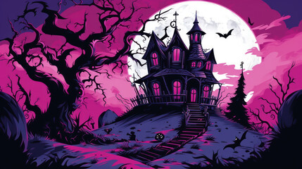 Illustration of a haunted house in shades of vivid magenta. Halloween, fear, horror