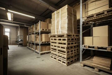 Storage for rent in industrial building with cardboard boxes on pallet rack. Generative AI