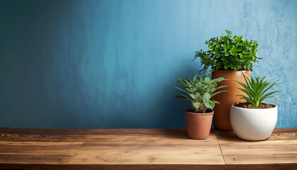 Wooden table with potted plants against a blue wall background