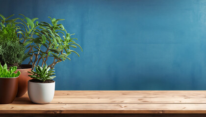 Wooden table with potted plants against a blue wall background
