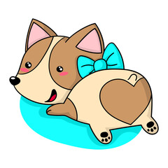 Illustration of a corgi dog lying on the ground showing its heart shaped butt and wearing a blue bow on its neck, print design
