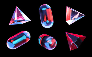 set of glass shapes. transparent colorful 3d capsules and prisms. 3d rendering illustration of geometry shapes. futuristic crystal 3d capsule and pyramide isolated on dark background