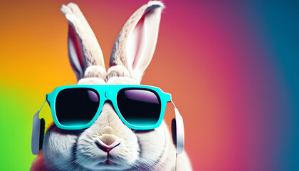 Stylish rabbit wearing sunglasses against a vibrant backdrop