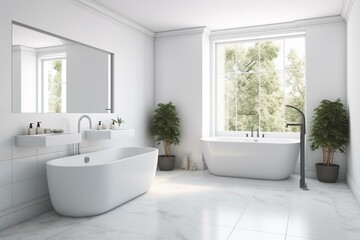 Beautiful bathroom with white walls, tiled floor, bathtub, and double sink. Generative AI